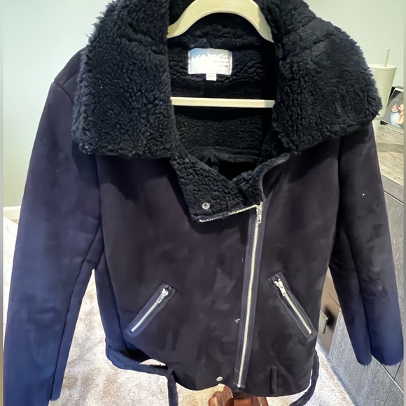 J.O.A. Navy suede/sherpa moto style coat, size M - Picture 2 of 6